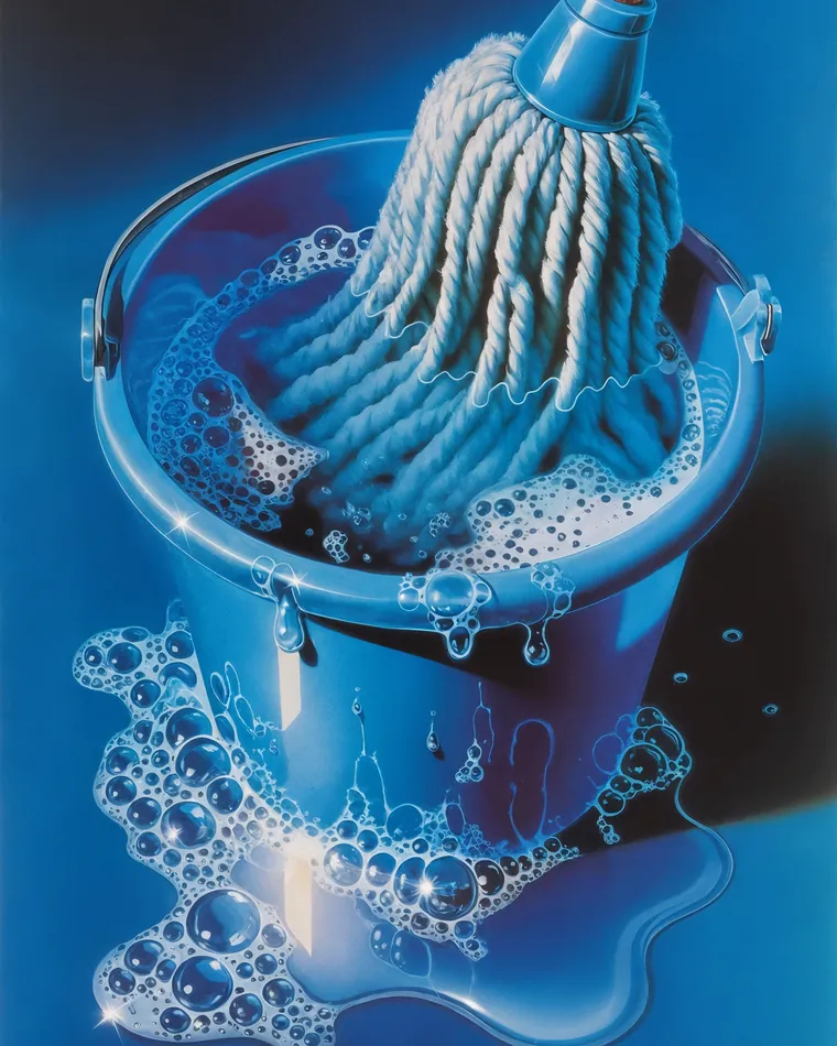 Obra de Slurp.tv: fregona azul en un cubo lleno de espuma
