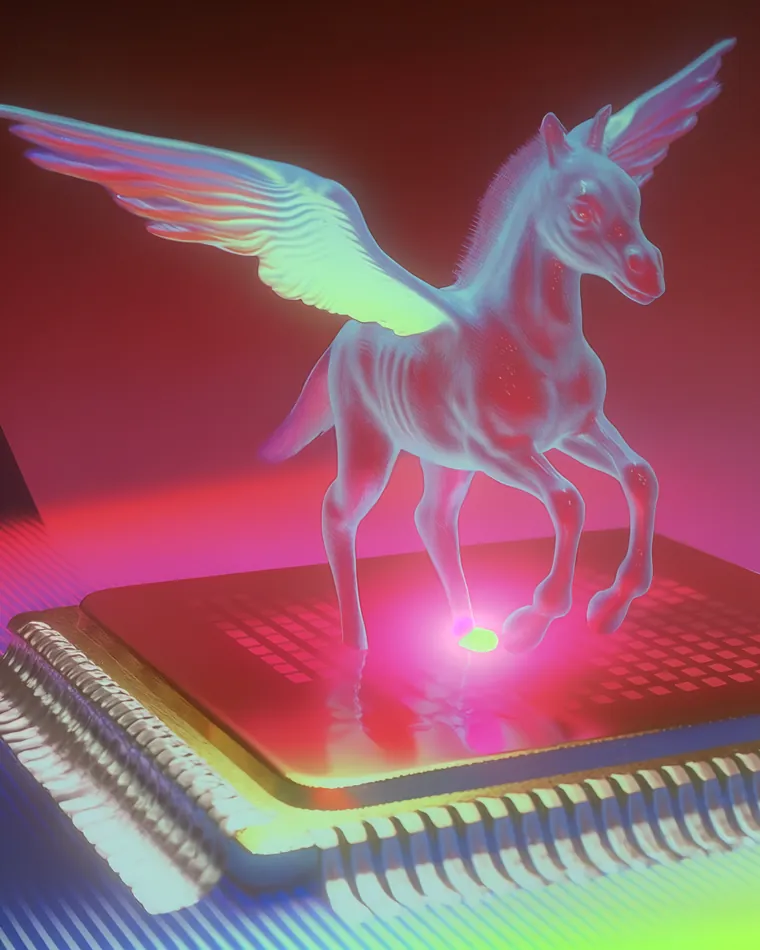 Obra de Remembering Orion: pegaso holográfico sobre un chip