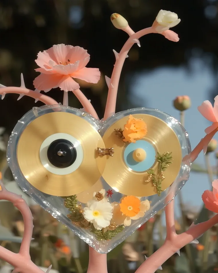 Obra de Boldtron: corazón de cristal con dos CD entre flores