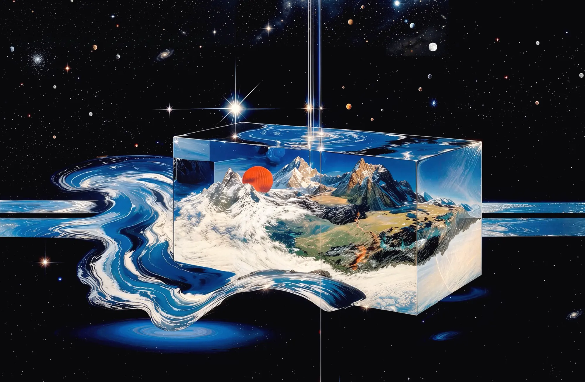 Obra de Slurp.tv: cubo de cristal con montañas flotando en el espacio