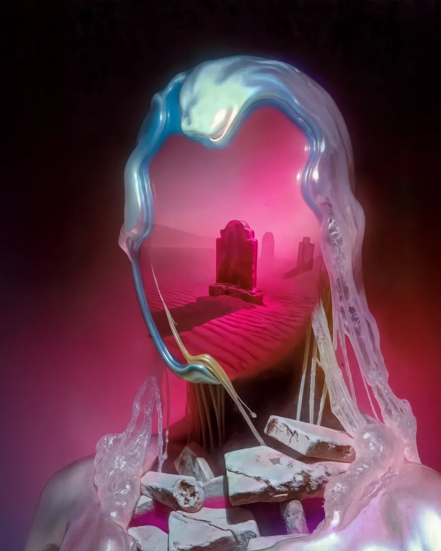 Obra de Remembering Orion: figura de cristal con un paisaje rosa en el rostro